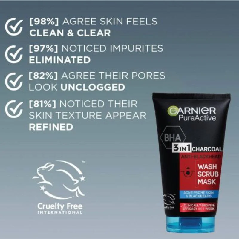 Garnier Pure Active 3 In1 Charcoal Anti Blackhead Mask Wash Scrub -150ml