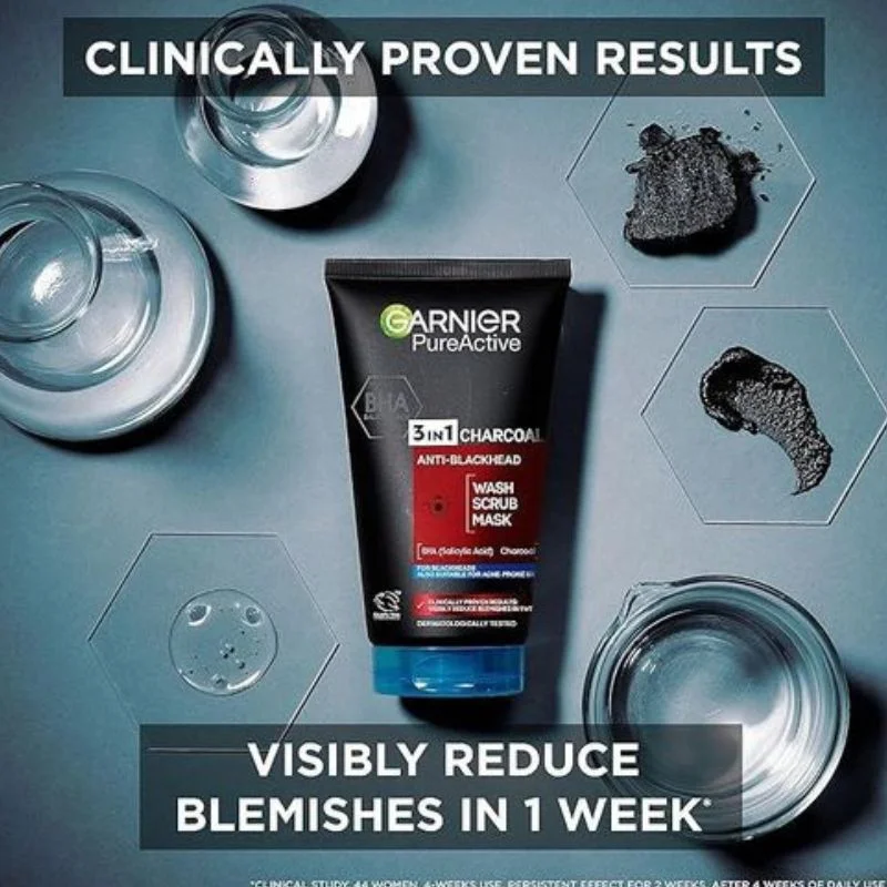 Garnier Pure Active 3 In1 Charcoal Anti Blackhead Mask Wash Scrub -150ml